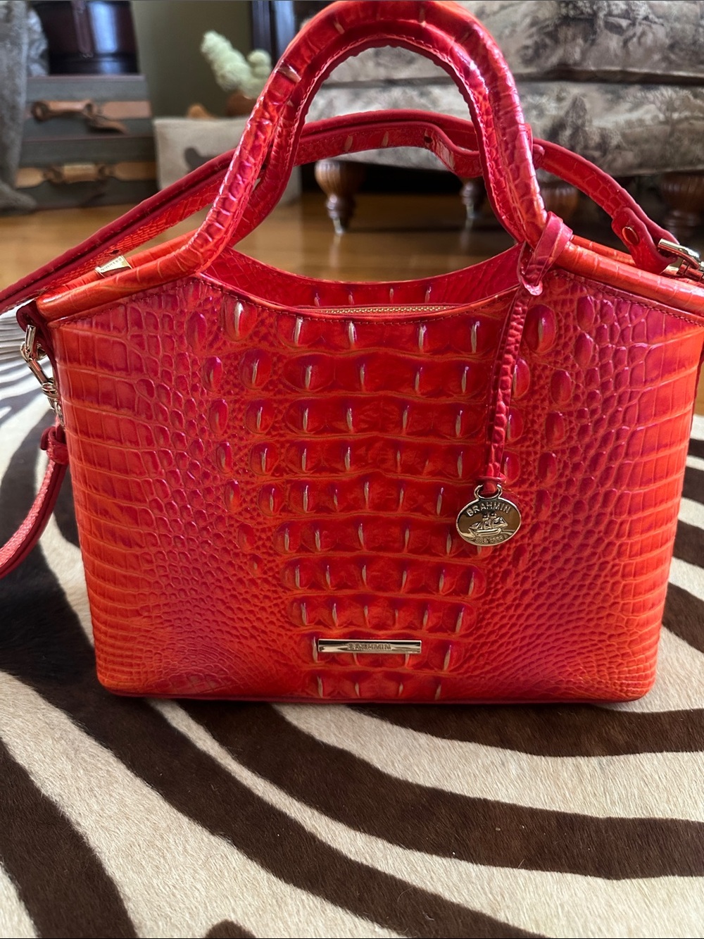 Brahmin Small Elaine Croc-Embossed Top-Handle Bag in Flame- Women Bags - Picture 8 of 9